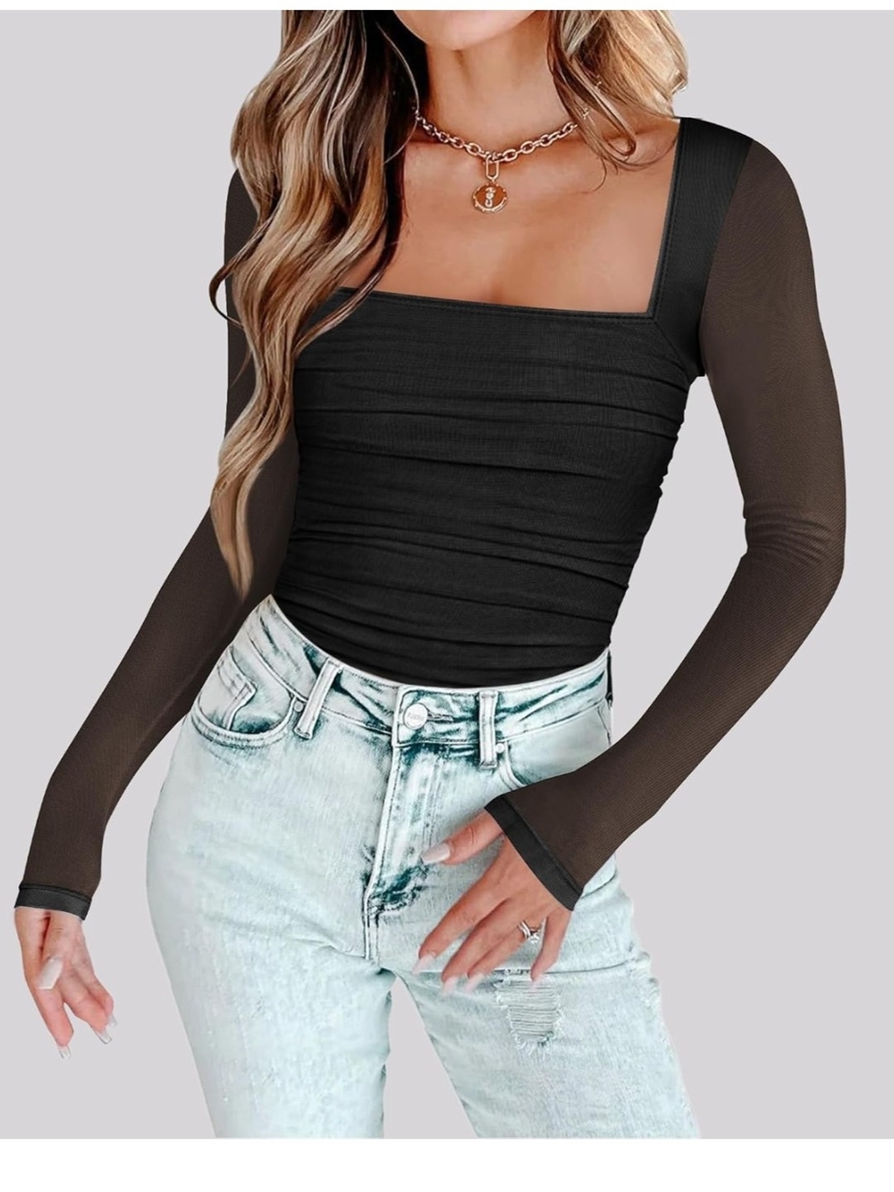 Black Square Neck Long Sleeve Ruched Top
